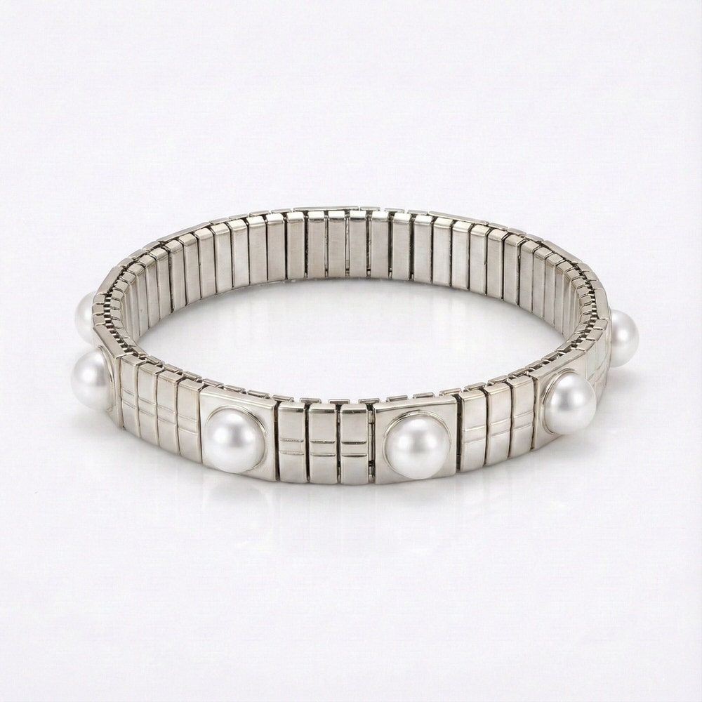 Silver Stretch Bracelet With Pearls