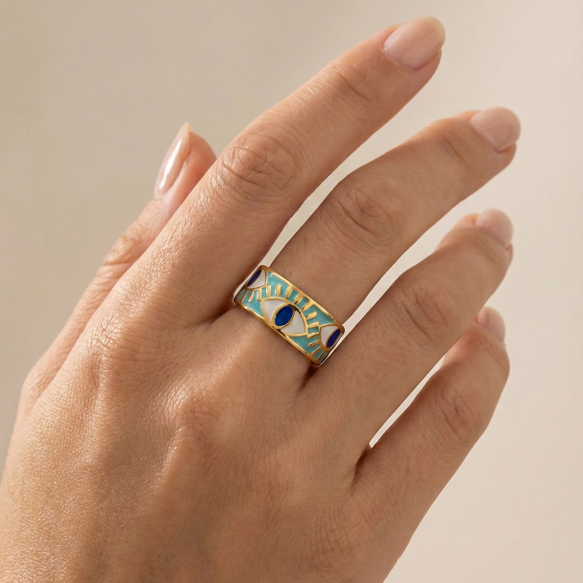 Turquoise Enamel All-Seeing Eye Band Ring